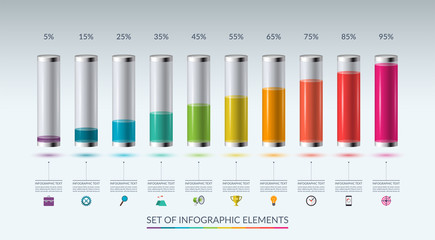 Set of infographic elements for graph, chart or diagram in the form of glass flasks filled with colored liquid. Vector illustration