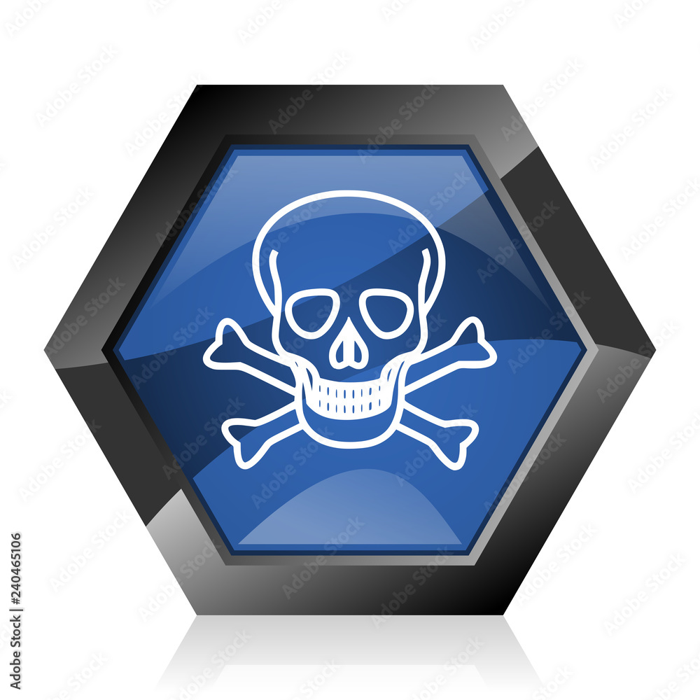 Poster Skull dark blue glossy hexagon geometric diamond vector web icon with reflection on white background. Modern design hexagonal internet poison button.