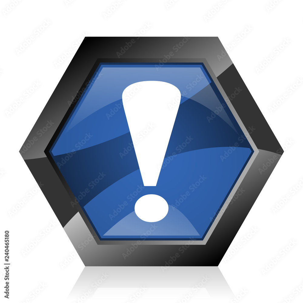 Aufkleber Exclamation sign dark blue glossy hexagon geometric diamond vector web icon with reflection on white background. Modern design hexagonal internet warning button.