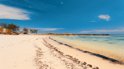 Fototapeta na wymiar paradise sand beach in Antsiranana in low tide, Diego Suarez bay, Indian ocean, Madagascar beautiful virgin nature