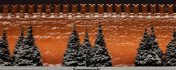 Moscow, the snow-covered Red Square, the Kremlin wall and the snow-covered spruce from it. stern...