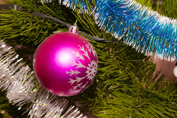 Pink Christmas tree toy among the branches of the Christmas tree