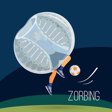 Zorbing illustration. Two man play zorbing soccer at night