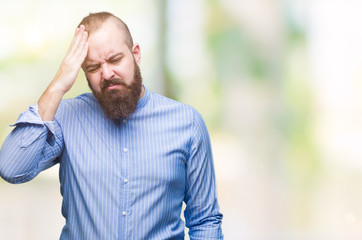 Young caucasian hipster man over isolated background suffering from headache desperate and stressed because pain and migraine. Hands on head.