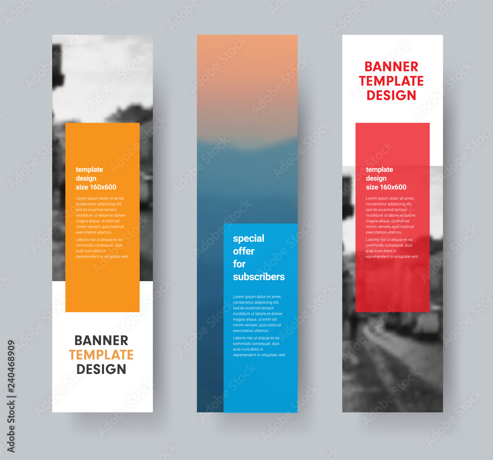 Poster Template of vertical vector banners with transparent colored dice for text and place for photo.