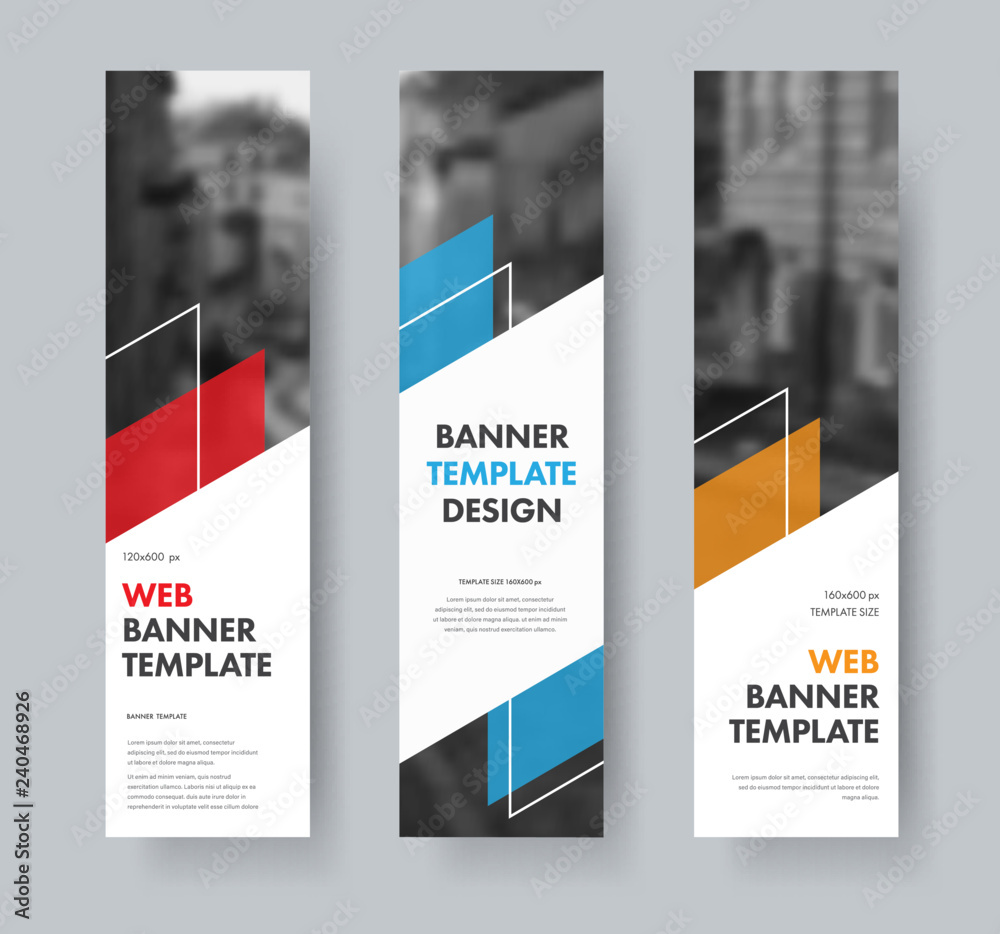 Poster Templates for vertical web banners with diagonal elements for text, color design elements, lines and space for photos.