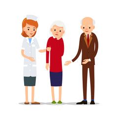 Nurse are taking sick woman, next to her husband. Elderly woman with a toothache. Illustration of people characters isolated on white background in flat style