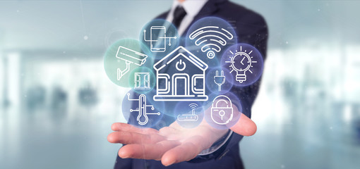 Businessman holding Smart home interface with icon, stats and data 3d rendering