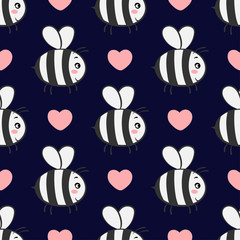 Vector seamless pattern with bees in love on a dark background.