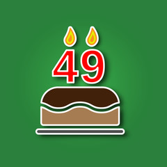 Birthday cake with a candle in the form of a number 49, in the form of a sticker with a shadow icon. Happy Birthday concept symbol design. Stock - Vector illustration can be used for web.