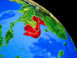 Indochina on planet Earth from space with country borders. Very fine detail of planet surface.