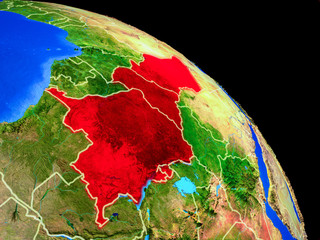 Central Africa on planet Earth from space with country borders. Very fine detail of planet surface.