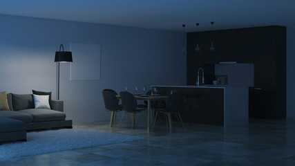 Modern house interior. Black kitchen. Night. Evening lighting. 3D rendering.