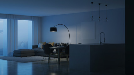 Modern house interior. Black kitchen. Night. Evening lighting. 3D rendering.