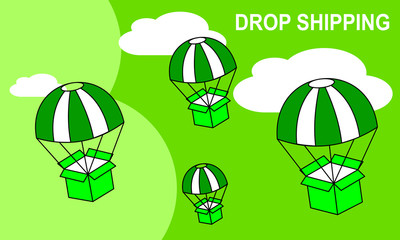 Web banner for Drop shipping or E-Commerce. Packages are flying on parachutes. Flat vector illustration.