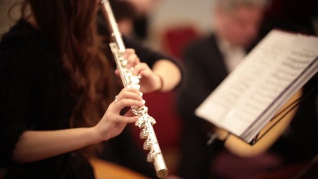 Chamber orchestra. A young woman playing flute