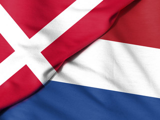 Two flags. Flag of the Netherlands. Flag of Denmark.