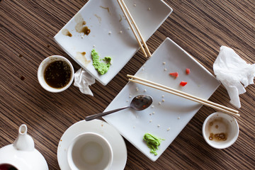 Empty dirty plate of sushi on table in cafe