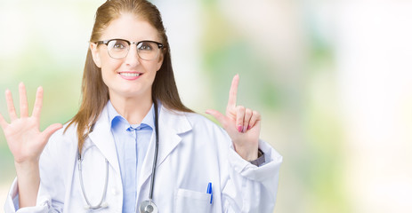 Middle age mature doctor woman wearing medical coat over isolated background showing and pointing...