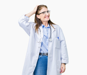 Middle age mature doctor woman wearing medical coat over isolated background Smiling confident touching hair with hand up gesture, posing attractive