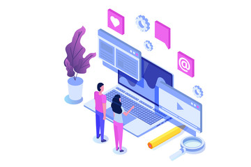 Web seo optimization illustration concept isometric. Landing page template. Sticker for web banner, web page, banner, presentation, social media, documents, cards, posters.