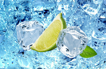 Fototapeta na wymiar Ice cubes and lime wedge blue on icy background