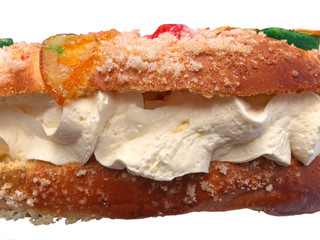 detail on Roscón de reyes stuffed with cream