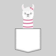 Llama alpaca face head in the pocket. Pink bow. Cute cartoon animals. Dash line. Kawaii character. White and black color. T-shirt design. Baby gray background. Isolated. Flat design.