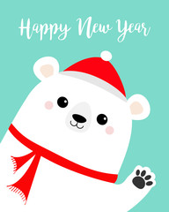 Happy New Year. Big white polar bear waving hand paw print. Red hat, scarf. Cute cartoon funny kawaii baby character. Merry Christmas. Greeting Card. Flat design. Blue background.