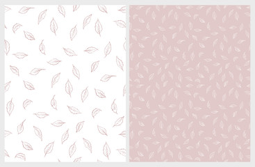 Delicate Hand Drawn Floral Vector Pattern. Light Pink and White Leaves. Pink and White Background. Subtle Pastel Color Drawing.  Lovely Repeatable Pattern.