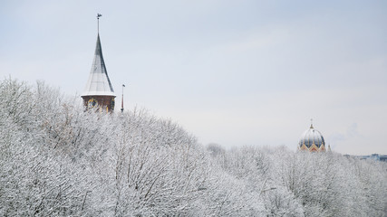 Towers of Cathedral and Synagogue in winter Kaliningrad, Russia