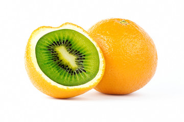 Creative photo manipulation of sliced orange with green kiwi inside isolated on white background