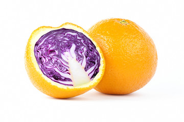 Creative photo manipulation of sliced orange with red cabbage inside isolated on white background