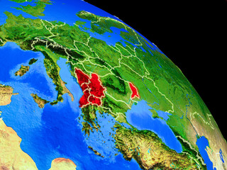 CEFTA countries on planet Earth from space with country borders. Very fine detail of planet surface.