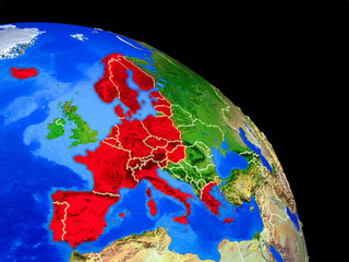 Schengen Area members on planet Earth from space with country borders. Very fine detail of planet surface.
