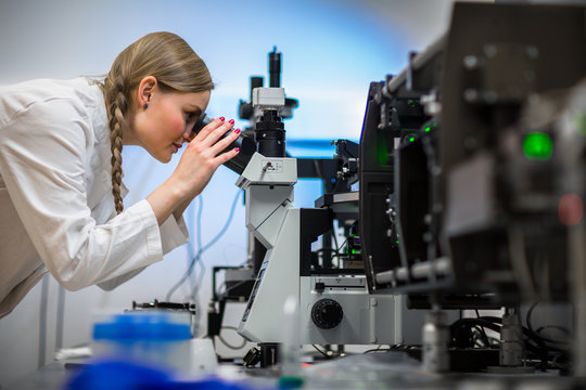 Female researcher carrying out research in a chemistry lab (color toned image; shallow DOF)