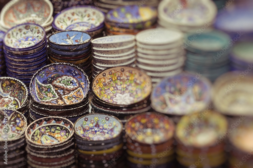 Wall mural Traditional Turkish ceramics on the Grand Bazaar. Selective Focus.