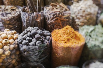 Dried herbs, flowers and arabic spices in the souk in Dubai. Selective Focus.
