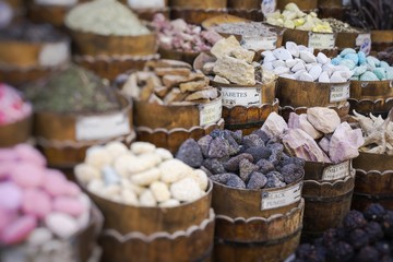 Traditional spices bazaar with herbs and spices in Egypt. Selective Focus.