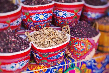 Traditional spices bazaar with herbs and spices in Egypt. Selective Focus.