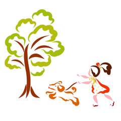 A green tree and a girl walking with a cheerful puppy