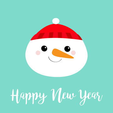 Happy New Year. Snowman round face head icon. Carrot nose, red hat. Cute cartoon funny kawaii character. Merry Christmas. Blue winter background. Greeting card. Flat design.