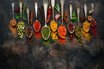 Assortment of natural spices on a vintage spoons.Top view with copy space.