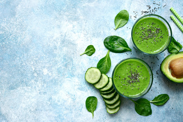 Homemeade green detox smoothie with chia seed.Top view with copy space.