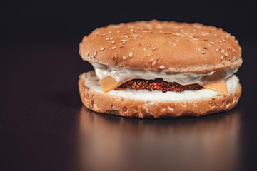 Fish burger close up on isolated black background