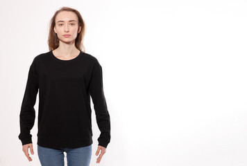 Fototapeta premium young woman in black sweatshirt, black hoodies front view isolated on white background