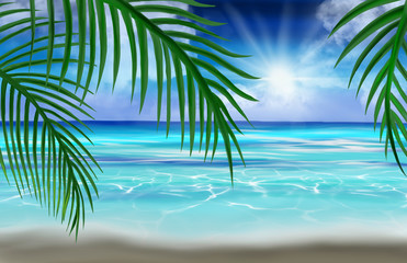Fototapeta na wymiar View of the sea, the beach, palm leaves. Tropical sea background.