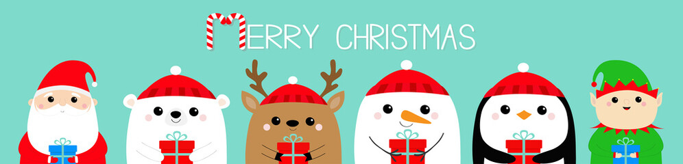 Merry Christmas. Santa Claus Elf White bear Snowman Raindeer Deer Penguin bird face icon set. Holding gift box. New Year. Cute cartoon funny kawaii baby character. Flat design Blue background.