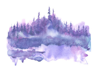 Watercolor winter landscape, picture. Picture of a pine forest, a blue silhouette of trees and bushes on a white isolated background.