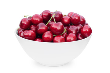 A bowl of cherries isolated on white background